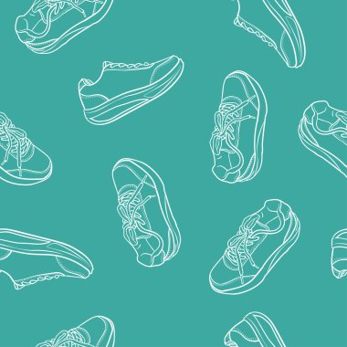 Doodle seamless modeli kontur ayakkabı. Mavi izole karikatür spor ayakkabı