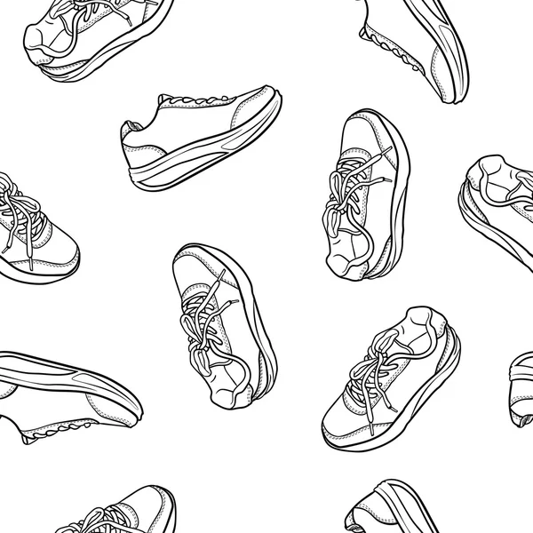 Doodle zapatos de contorno de patrón sin costuras. zapatilla de dibujos animados aislada en blanco — Vector de stock