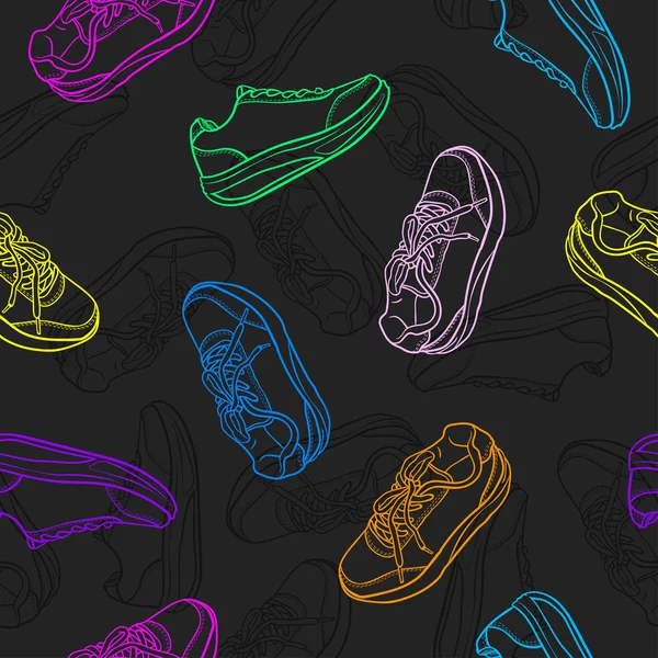 parlak kontur ayakkabı ile Seamless Modeli doodle. çizgi film spor ayakkabı