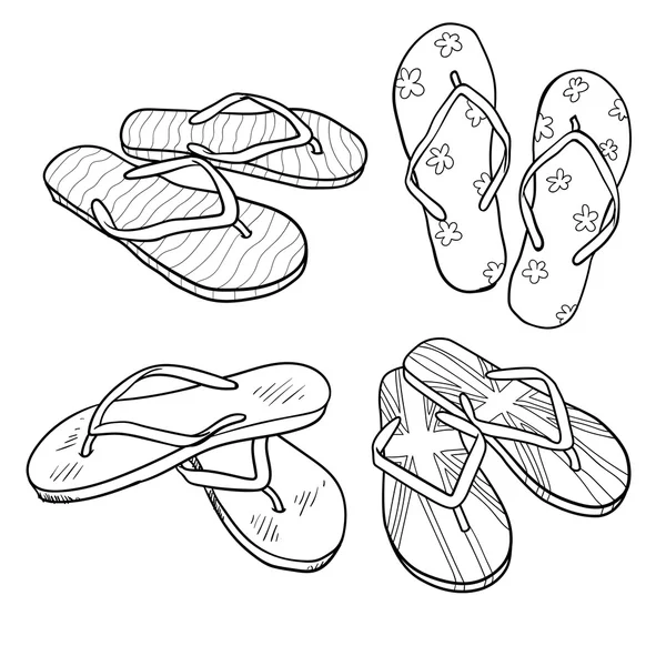 Set of summer footwear. doodle cartoon flip flops isolated on white — Stock Vector