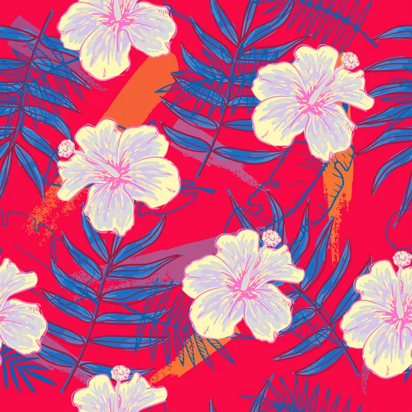 Verano patrón inconsútil colorido con plantas tropicales y flores de hibisco — Vector de stock