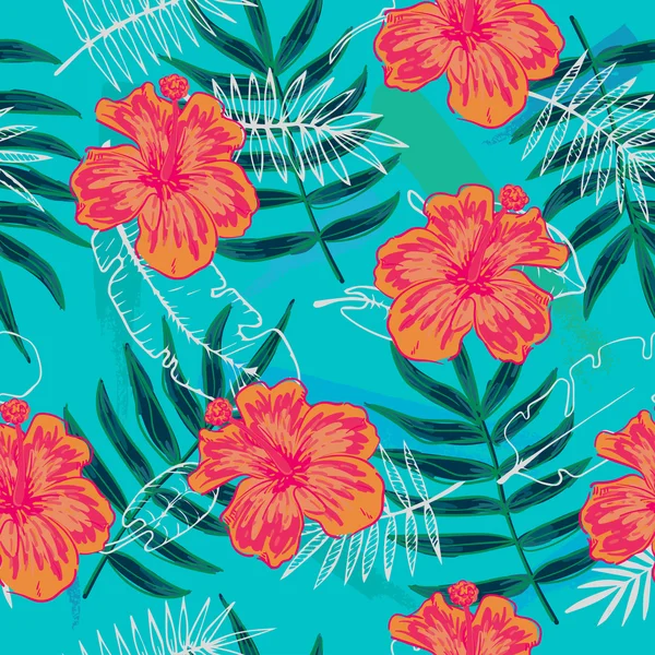 Summer colorful seamless pattern with tropical plants and hibiscus flowers — Stock Vector