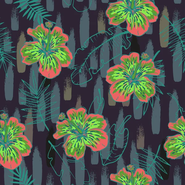 Verano patrón inconsútil colorido con plantas tropicales y flores de hibisco — Vector de stock