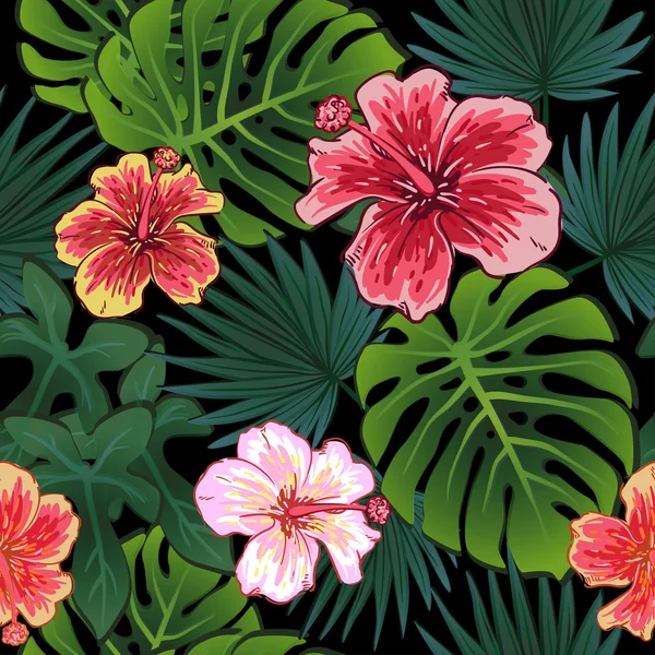 Modèle sans couture coloré d'été avec des plantes tropicales et des fleurs d'hibiscus — Image vectorielle