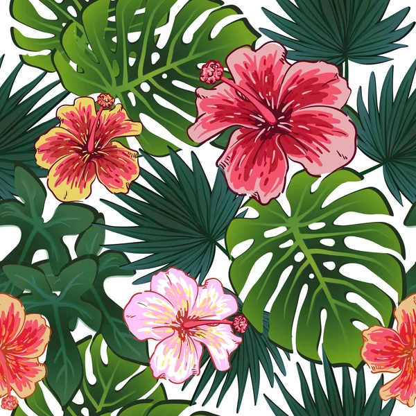 Modèle sans couture coloré d'été avec des plantes tropicales et des fleurs d'hibiscus — Image vectorielle