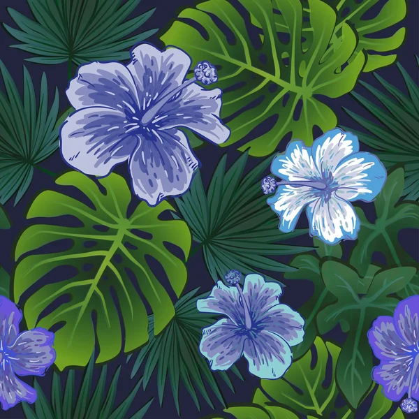 Verano patrón inconsútil colorido con plantas tropicales y flores de hibisco — Vector de stock