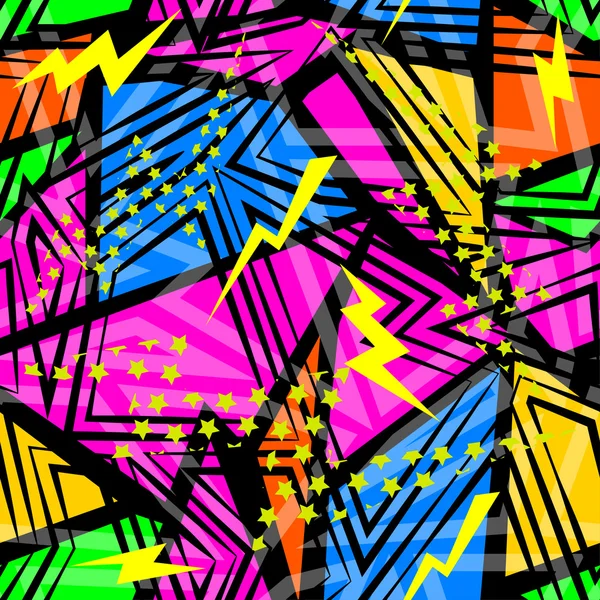 Patrón caótico sin costuras abstracto con elementos geométricos urbanos, rayados, gotas, aerosoles, triángulos. Grunge fondo de textura de neón. Fondos de pantalla para niños y niñas — Vector de stock