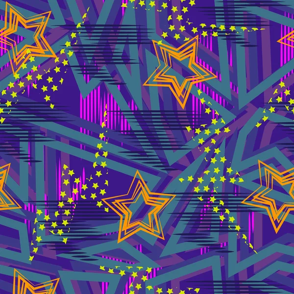 Abstract seamless chaotic pattern with urban geometric elements, scuffed, drops, sprays, triangles. Grunge neon texture background. Wallpaper for boys and girls — Stock Vector