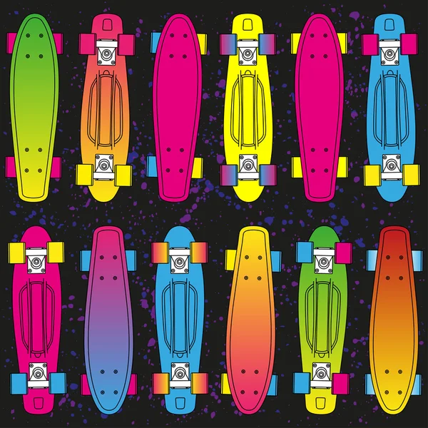 Brilhante contorno cartoon penny board, para menino e menina, em Blob dopado fundo —  Vetores de Stock