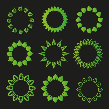 Daire kare yeşil yaprakların üzerinde siyah arka plan izole. Eko illüstrasyon. Doğa ayarlayın. Biyo tasarım