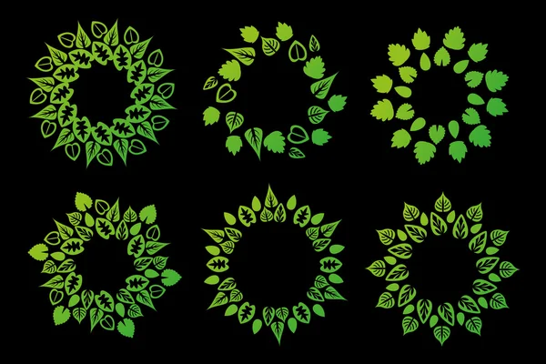 Kör keret zöld levelek elszigetelt fekete háttér. Eco illusztráció. Állítsa be a természet. Bio-design — Stock Vector