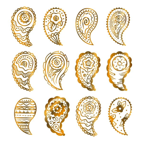 Ilustração do padrão Golden Paisley. Estilo indiano tradicional, elementos florais para tatuagem de henna, adesivos, mehndi — Vetor de Stock