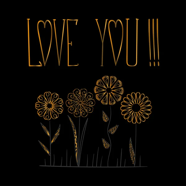 Kaart met tekst Love You en Gouden bloem als mandala — Stockvector