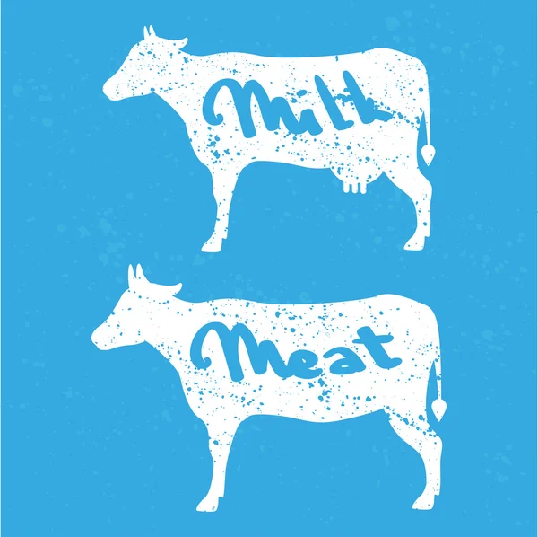 Vache avec texte lait et viande sur fond bleu — Image vectorielle