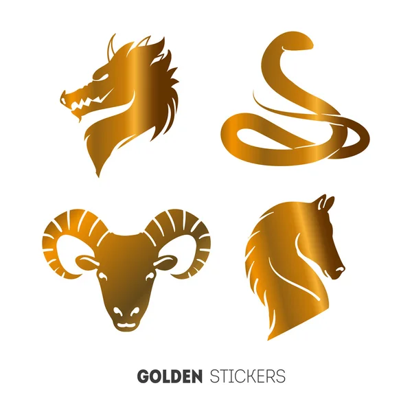 Vectorillustratie van gouden dierlijke Horoscoop jaar stickers, flash tatouage — Stockvector