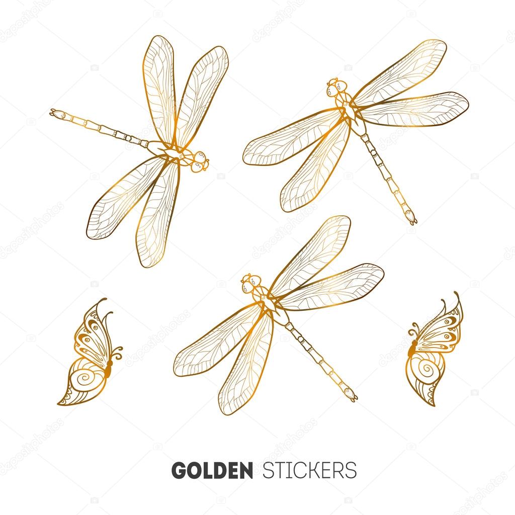 Vector illustration of golden butterfly and dragonfly stickers, flash temporary tattoo