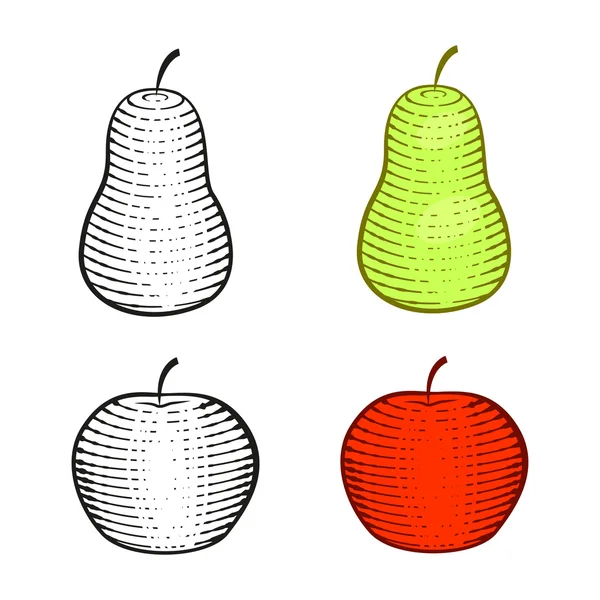 Manzana roja y gráfico de pera verde. contorno y color . — Archivo Imágenes Vectoriales