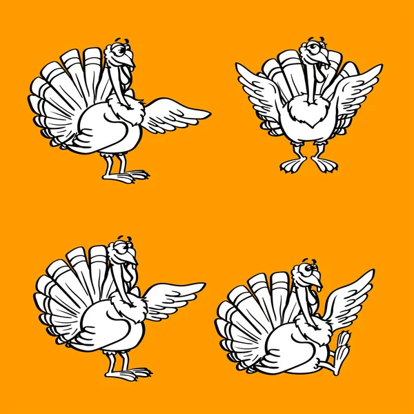 Set of outline coloring cartoon turkey with a smile on orange background — Stock Photo, Image