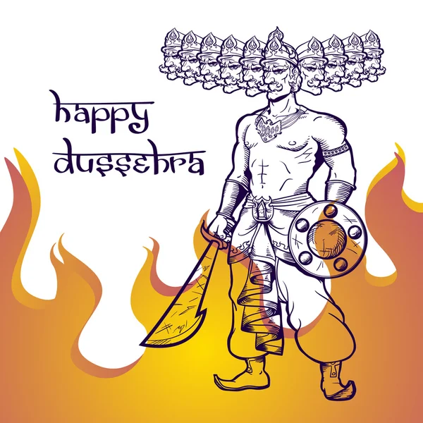 Texto y Ravana en llamas. Postal para vacaciones en la India. Feliz Dussehra. — Foto de Stock