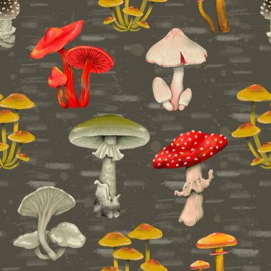 Farklı mantarlarla suluboya kusursuz desen. Sinek dışkısı, mantar, kahverengi boletus, kapak için mükemmel boletus, çocuklar için tekstil, ambalaj.