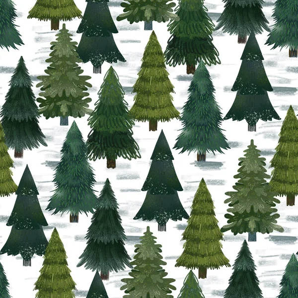 Christmas fir trees in a seamless pattern, modern hand draw design. Winter background. Can be used for printed new year materials - leaflets, posters, business cards or for web — Stock Photo, Image