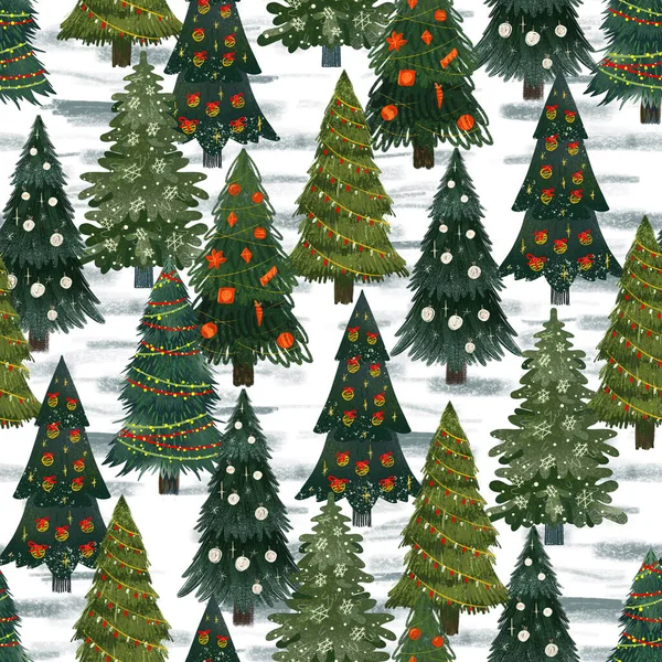 Christmas fir trees in a seamless pattern, modern hand draw design. Winter background. Can be used for printed new year materials - leaflets, posters, business cards or for web — Stock Photo, Image