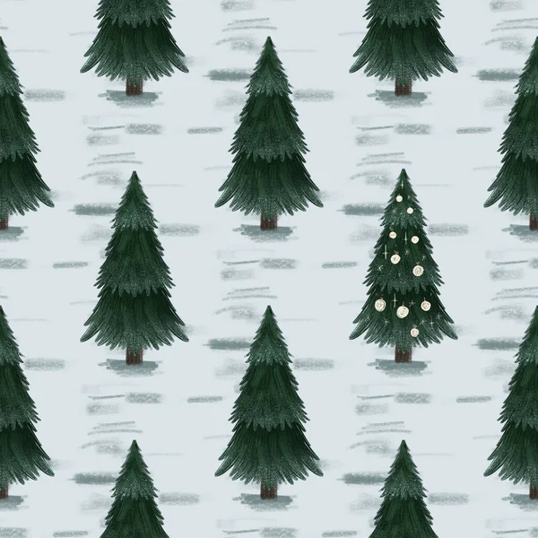 Julgranar i ett sömlöst mönster, modern handritning design. Vinterbakgrund. Kan användas för tryckt nyårsmaterial - broschyrer, affischer, visitkort eller för webben — Stockfoto