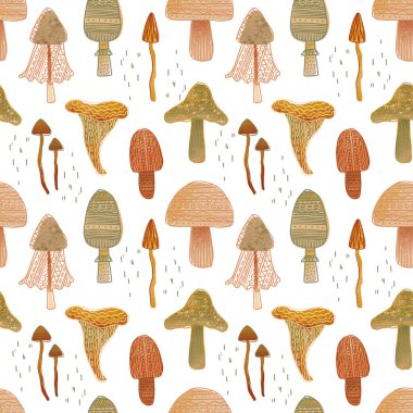 Farklı mantarlarla çizilmiş el izi. Doğa tekstil ve duvar kağıtlarını tekrarladı. Erkekler ve kızlar için orman geçmişi