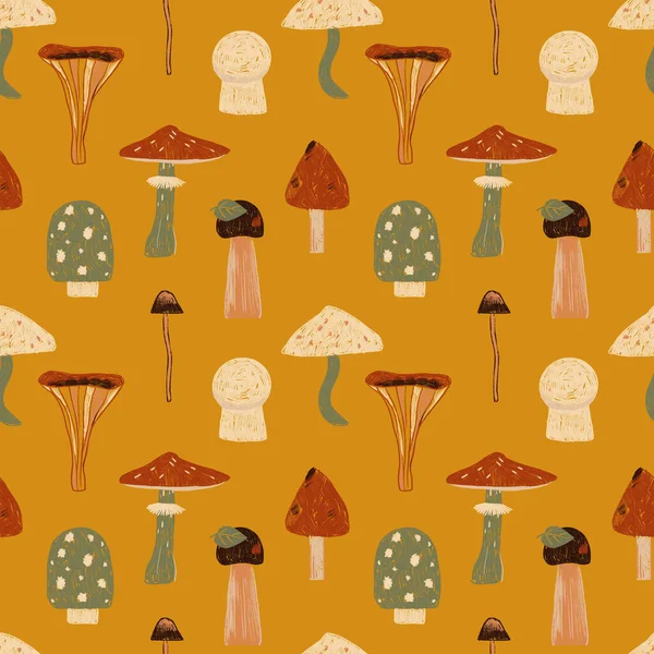 Ручной рисунок с различными грибами. Природа повторяет текстиль и обои. Лесной фон для мальчиков и девочек — стоковое фото