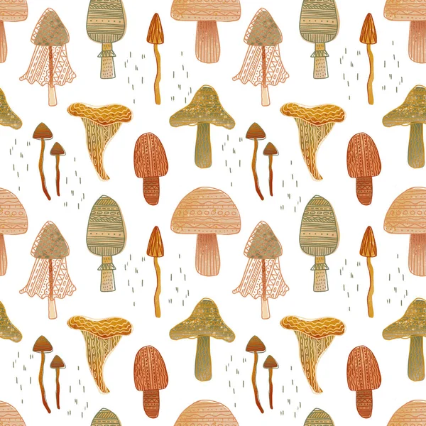 Hand drawn seamless pattern with different mushrooms. Nature repeated textile and wallpaper. Forest background for boys and girls — Stock Photo, Image