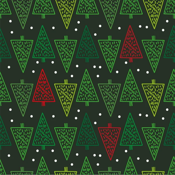 シームレスなパターンでクリスマスモミの木、モダンな手描きのデザイン。冬の背景。年賀状・チラシ・ポスター・名刺・Webなどの年賀資料の印刷にご利用いただけます。 — ストックベクタ