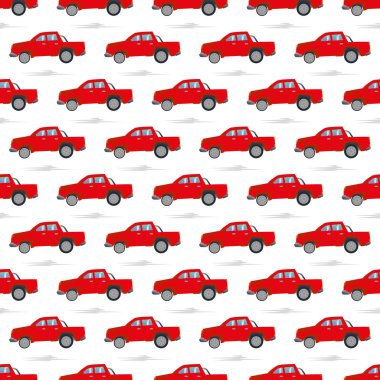 Beyaz arka plandaki çocuk için soyut, dikişsiz araba modeli. Çocuksu stil tekerlek arka planda tekrarlanıyor. Kırmızı spor araba.