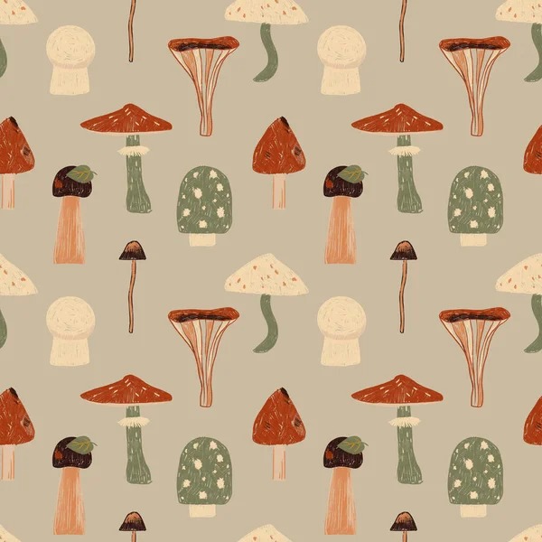 Modèle sans couture dessiné à la main avec différents champignons. Nature répété textile et papier peint. Fond forestier pour garçons et filles — Photo