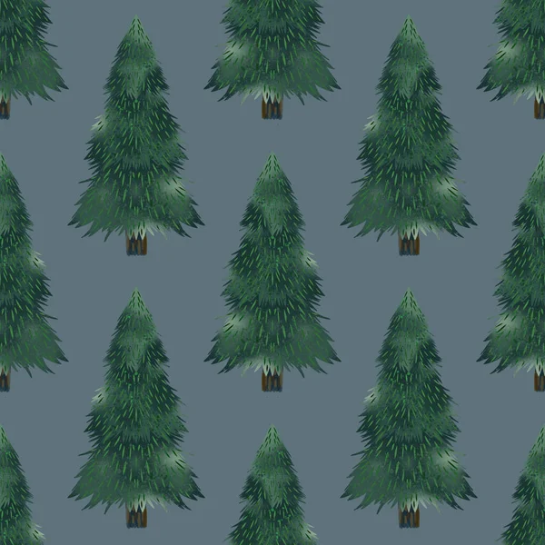 Tannenbäume in nahtlosem Muster, moderne Handzeichnung. Winterwald im Hintergrund. Kann für gedruckte Neujahrsmaterialien verwendet werden - Flugblätter, Poster, Visitenkarten oder für das Web — Stockfoto