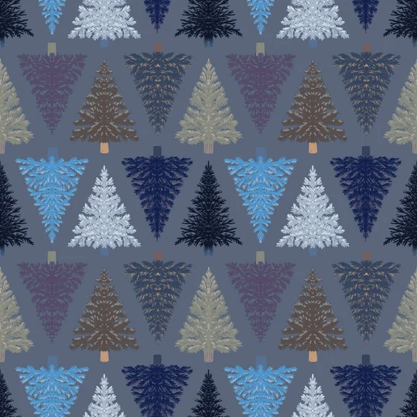 Tannenbäume in nahtlosem Muster, moderne Handzeichnung. Winterwald im Hintergrund. Kann für gedruckte Neujahrsmaterialien verwendet werden - Flugblätter, Poster, Visitenkarten oder für das Web — Stockfoto