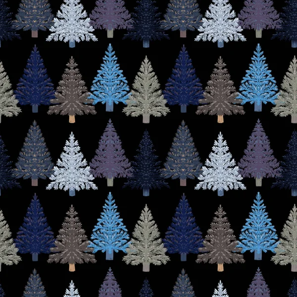 Árboles de abeto de Navidad en un patrón sin costuras, diseño de dibujo a mano moderno. Fondo del bosque de invierno. Se puede utilizar para materiales impresos de año nuevo - folletos, carteles, tarjetas de visita o para la web —  Fotos de Stock