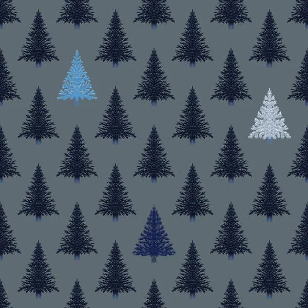 Julgranar i ett sömlöst mönster, modern handritning design. Vinterskog bakgrund. Kan användas för tryckt nyårsmaterial - broschyrer, affischer, visitkort eller för webben — Stockfoto