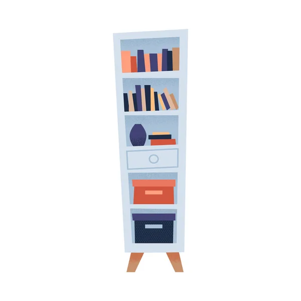 Moderne boekenkast illustratie. witte boekenplank met boekendecor. boekenstandaard op houten poten voor u kamer interieur ontwerp in platte cartoon stijl — Stockvector