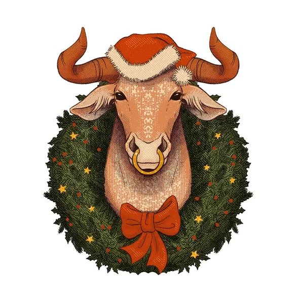 Divertente toro nella corona di Natale Simbolo di 2021 anno. Anno del toro. Capodanno Carino Mucca illustrazione disegnato a mano — Foto Stock