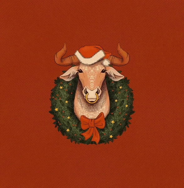 Divertente toro nella corona di Natale Simbolo di 2021 anno. Anno del toro. Capodanno Carino Mucca illustrazione disegnato a mano — Foto Stock