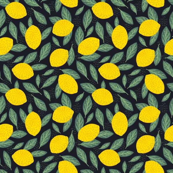Ilustrasi vektor pola Lemon mulus. Desain musim panas berulang tekstil dengan buah sitrus. - Stok Vektor