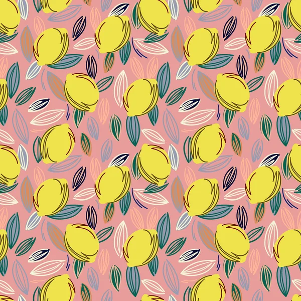 Lemon sem emenda padrão ilustração vetorial. Design de verão têxtil repetido com frutas cítricas. — Vetor de Stock