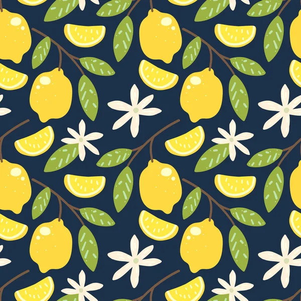 Ilustración de vectores de patrón sin costura de limón. Diseño de verano textil repetido con cítricos. — Vector de stock