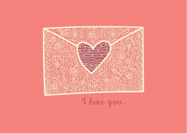 Día de San Valentín tema ilustración de carta de correo dibujado a mano con forma de corazón y texto I Love You. — Foto de Stock