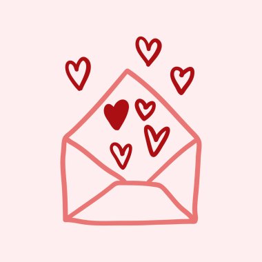 Sevgililer Günü temalı karalama vektör ikonu, elle çizilmiş, kalp şeklinde pembe bir mektup.