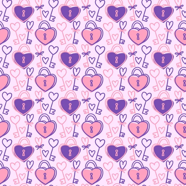 Naadloos patroon Valentijnsdag thema doodle Vector van de hand getrokken slot met hartvorm op een roze — Stockvector