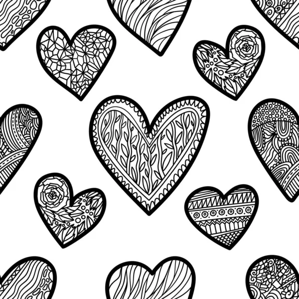 Livre à colorier thème Saint Valentin. doodle antistress dessiné à la main avec la forme du cœur. Style zen enchevêtré. Modèle sans couture — Photo