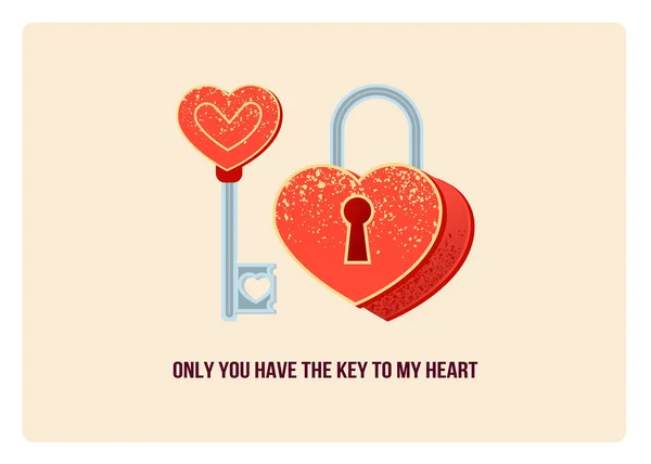 Sevgililer Günü karikatür kilidi ve kalp şeklinde anahtar. Aşk tarzı. Metinli tebrik kartı — Stok Vektör