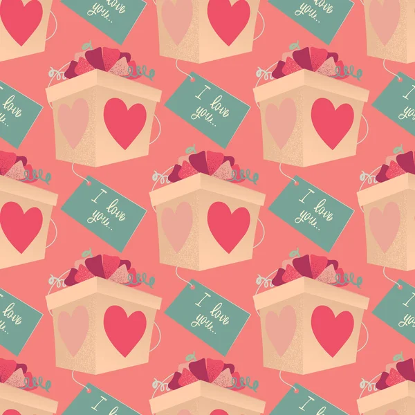 情人节的主题是礼物盒的无缝图案，上面有一张弓，上面写着：我爱你，用粉色隔开 — 图库照片