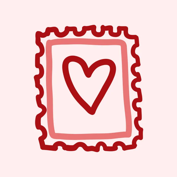 Valentines thème doodle icône vectorielle du timbre postal dessiné à la main avec la forme du coeur isolé sur un rose — Image vectorielle